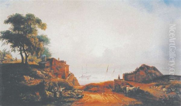 Kustenlandschaft Mit Schiffen, Tier- Und Figurenstaffage Oil Painting by Jean-Marie-Auguste Jugelet