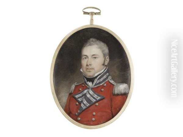 An Officer, Wearing Red Coat With Dark Blue Facings Edged With Silver, Silver Epaulettes, White Frilled Chemise And Black Stock Oil Painting by John Jukes