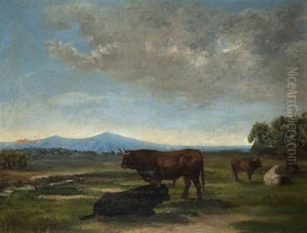 Toros En La Dehesa Oil Painting by Luis Julia Y Carrere