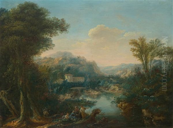 Fishermen In A Landscape With Ruins Oil Painting by Nicolas-Jacques Juliard