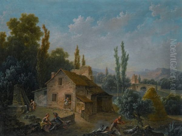 River Landscape With A Farm, With Figures Drawing Water And Chopping Wood Oil Painting by Nicolas-Jacques Juliard