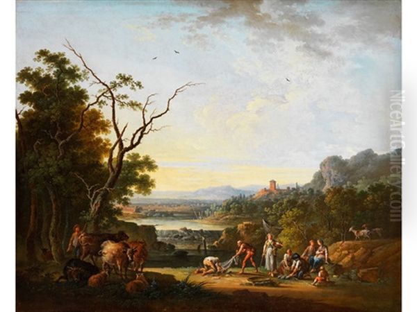 Grosse Ideallandschaft Mit Flusslauf, Hirten Und Fischern Oil Painting by Nicolas-Jacques Juliard