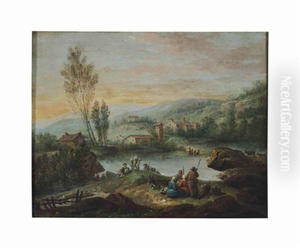 A Village Landscape With Peasants Resting By The River (+ A Companion Painting; 2 Works) Oil Painting by Nicolas-Jacques Juliard