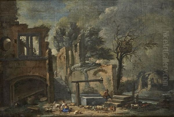 Bergere Et Berger Dans Des Ruines Oil Painting by Nicolas-Jacques Juliard