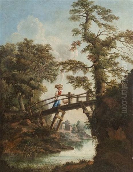 Jeune Bergere Passant Une Passerelle Oil Painting by Nicolas-Jacques Juliard