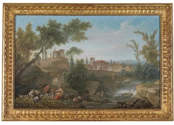 Couple De Bergers Dans Un Paysage De Cascade Oil Painting by Nicolas-Jacques Juliard