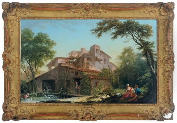 A Watermill With A Dovecot And A Peasant Couple Oil Painting by Nicolas-Jacques Juliard