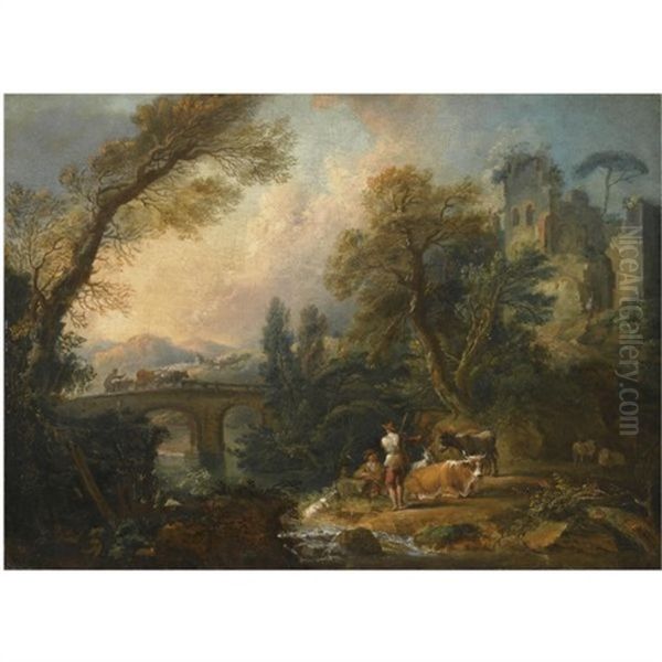 A Pastoral Landscape With Herders And Their Animals Resting Beside A River, A Bridge Beyond Oil Painting by Nicolas-Jacques Juliard