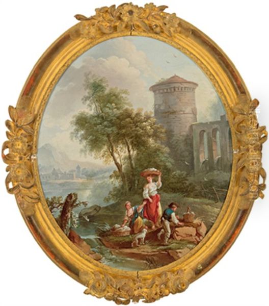 Zwei Wascherinnen Und Ein Angler An Einem Sturzbach In Einer Bewaldeten Landschaft Oil Painting by Nicolas-Jacques Juliard