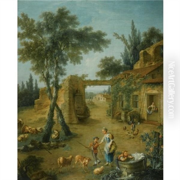 A Young Shepherdess And Children In A Farmyard ( Collab. W/ Pierre Joulliain) Oil Painting by Nicolas-Jacques Juliard