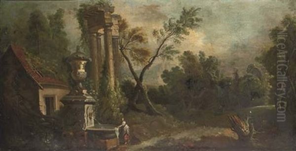 A Wooded Landscape With A Woman Washing At A Fountain, By A Ruined Temple by Nicolas-Jacques Juliard