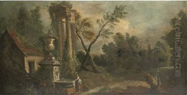 A Wooded Landscape With A Woman Washing At A Fountain, By A Ruined Temple Oil Painting by Nicolas-Jacques Juliard