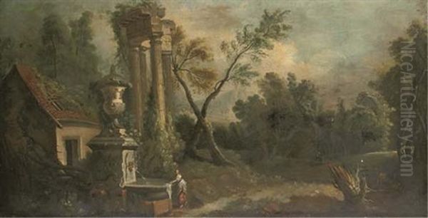 A Wooded Landscape With A Woman Washing At A Fountain, By A Ruined Temple Oil Painting by Nicolas-Jacques Juliard