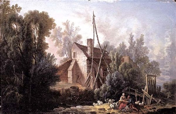 A Pastoral Landscape With A Shepherd And A Shepherdess In The Foreground And A Farmhouse By A Stream In The Distance Oil Painting by Nicolas-Jacques Juliard