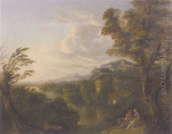 An Extensive River Landscape With A Couple Courting On A Bank Oil Painting by Nicolas-Jacques Juliard