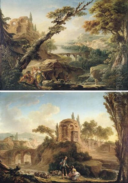 A Classical Landscape With A Herdsman Chatting To A Maid Oil Painting by Nicolas-Jacques Juliard