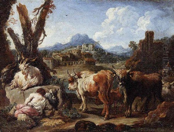 An Extensive Italianate Landscape With A Neatherd Resting In The Foreground Oil Painting by Nicolas-Jacques Juliard