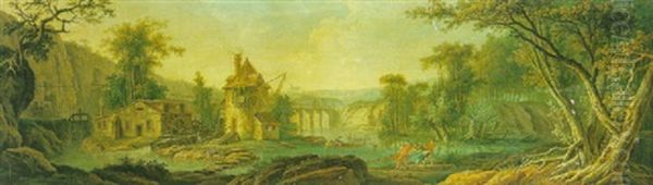 Paysage De Riviere Au Moulin A Eau Avec Des Pecheurs Oil Painting by Nicolas-Jacques Juliard