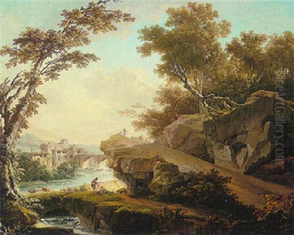 Rocky River Landscape With Figures Near A Bridge Oil Painting by Nicolas-Jacques Juliard