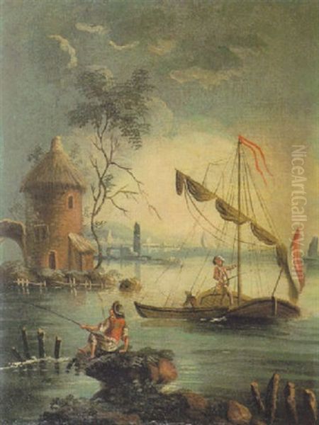 Paysage Lacustre Avec Pecheurs En Barque Oil Painting by Nicolas-Jacques Juliard