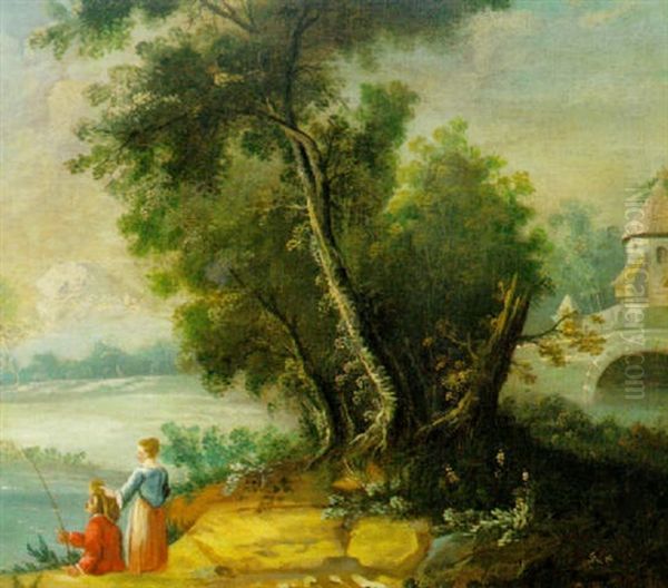 Paysage Fluvial Avec Couple De Pecheurs A La Ligne Oil Painting by Nicolas-Jacques Juliard