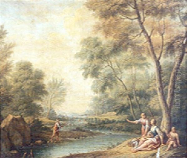 Groupe De Pecheurs Au Bord D'une Riviere Boisee Oil Painting by Nicolas-Jacques Juliard