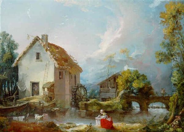 A River Landscape With A Watermill And A Bridge With A Washerwoman On A Bank In The Foreground Oil Painting by Nicolas-Jacques Juliard