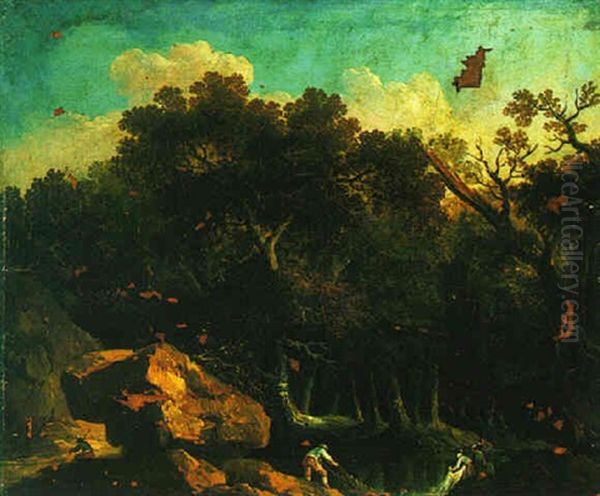 Wooded And Rocky River Landscape With Fisherman Oil Painting by Nicolas-Jacques Juliard