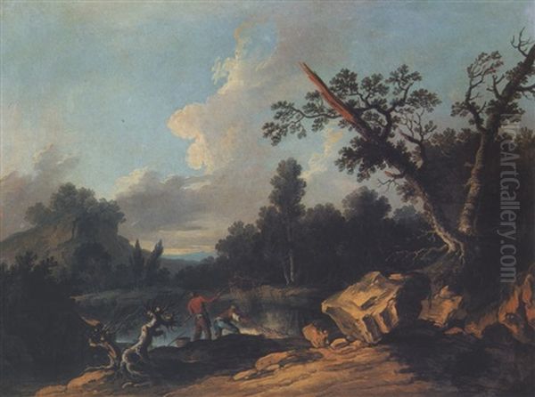 Rocky River Landscape With Fishermen Oil Painting by Nicolas-Jacques Juliard