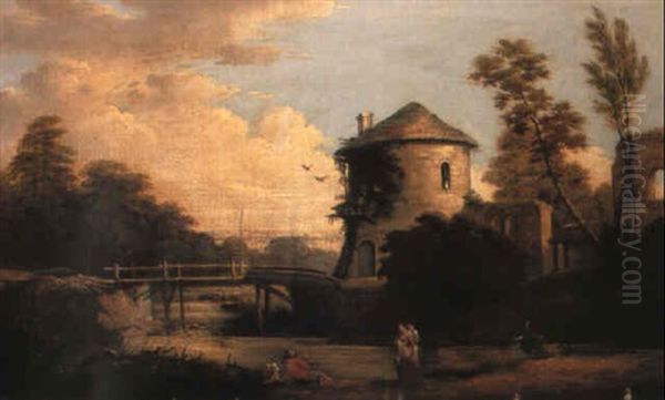 A Dovecote By A Footbridge With Peasants Resting Oil Painting by Nicolas-Jacques Juliard