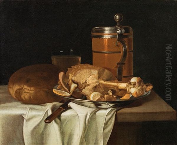 Still Life With Bread, Ham, A Beer Jug And A Water Glass Oil Painting by Justus Juncker