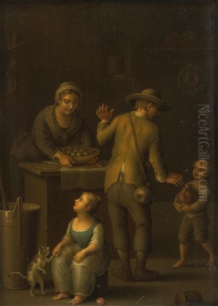 Familie Mit Katze In Der Kuche Oil Painting by Justus Juncker