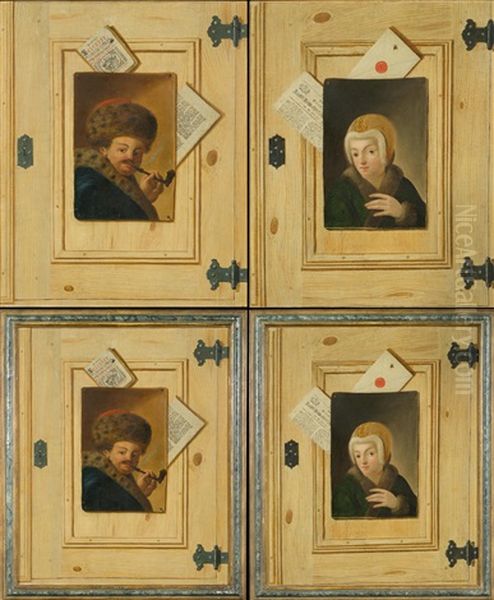 Pair Of Works: Trompe-l'oeils With Portraits Of A Lady And A Gentleman Oil Painting by Justus Juncker