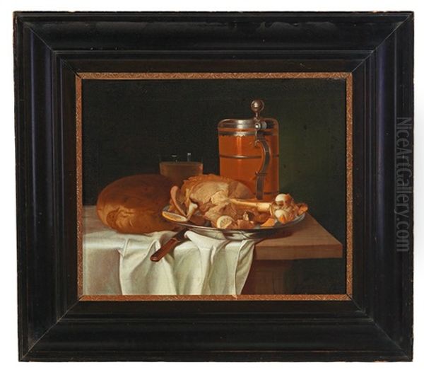 Still Life With Bread, A Ham, A Beer Tankard And A Water Glass Oil Painting by Justus Juncker