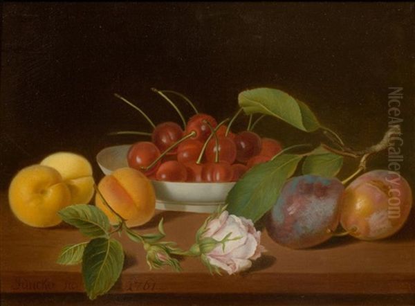 Still Life With Cherries And Apricots On A Table Oil Painting by Justus Juncker