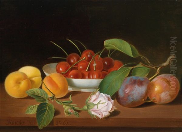 Ein Fruchtestillleben Mit Kirschen, Pfirsichen Und Zwetschgen Oil Painting by Justus Juncker