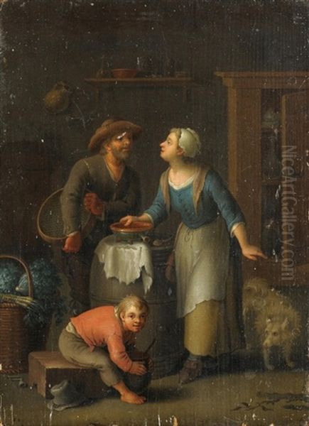 Paar Mit Jungen Und Hund In Der Kuche Oil Painting by Justus Juncker