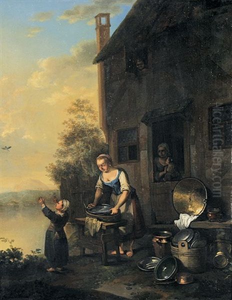 Magd Beim Putzen Von Kuchengeraten - Junge Frau Auf Dem Gang Zum Wasserholen (pair) Oil Painting by Justus Juncker