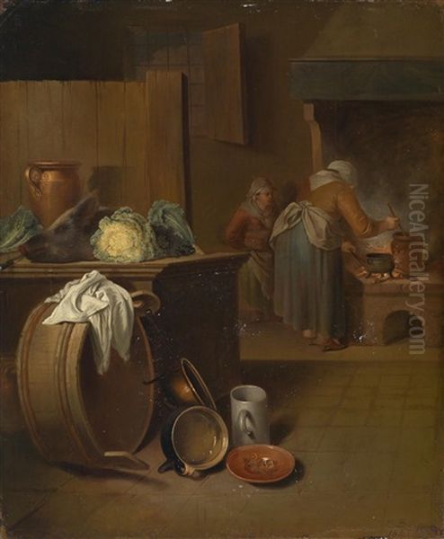 Ein Paar Bauerliches Interieur Mit Frauen Bei Der Kuchenarbeit Oil Painting by Justus Juncker