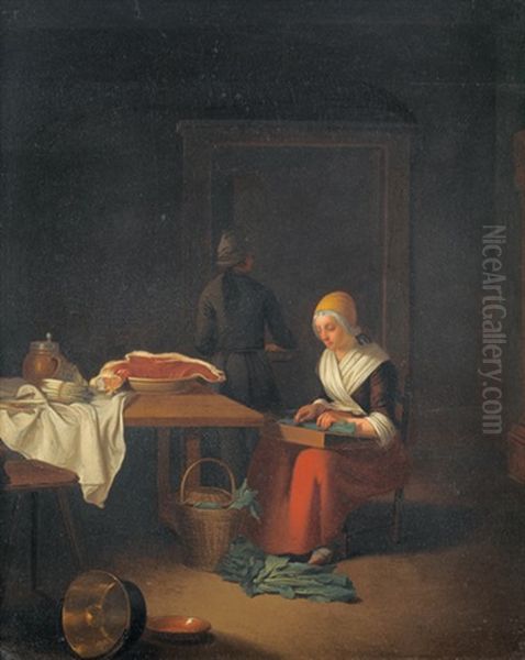 Interieur Mit Kuchenmagd Beim Gemuseschneiden Oil Painting by Justus Juncker