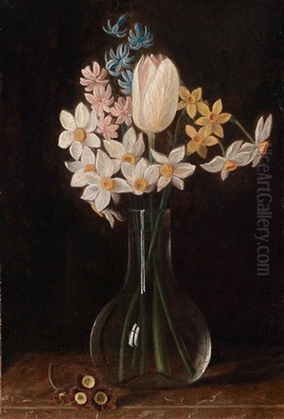 Blumenstillleben In Einer Glasvase Auf Einer Tischplatte Oil Painting by Justus Juncker