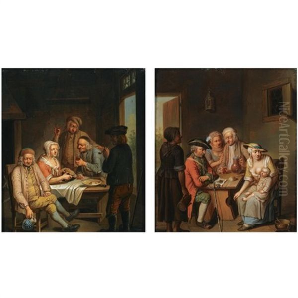 Figures Eating, Drinking And Smoking At A Table (+ A Mother And Child, A Soldier And An Elderly Couple Drinking At A Table; Pair) Oil Painting by Justus Juncker