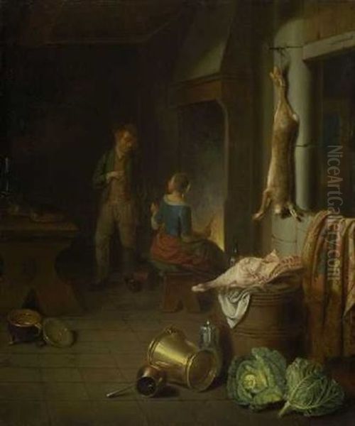 Kucheninterieur Mit Bauernpaar Oil Painting by Justus Juncker