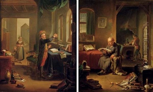 An Alchemist At Work, A Woman And Child Beyond (+ A Scholar In His Study, A Male Servant Lighting A Stove Beyond; 2 Works) Oil Painting by Justus Juncker