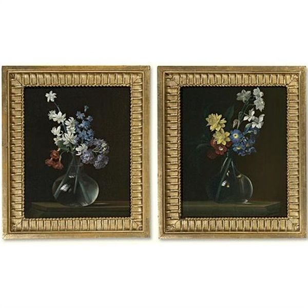 Flowers In A Glass Vase (pair) Oil Painting by Justus Juncker