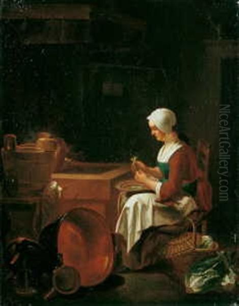 Kucheninterieur Mit Gemuseputzender Magd Oil Painting by Justus Juncker