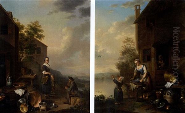 Frau Auf Dem Weg Zum Wasserholen (+ Magd Beim Putzen Von Kuchengerat; Pair) Oil Painting by Justus Juncker