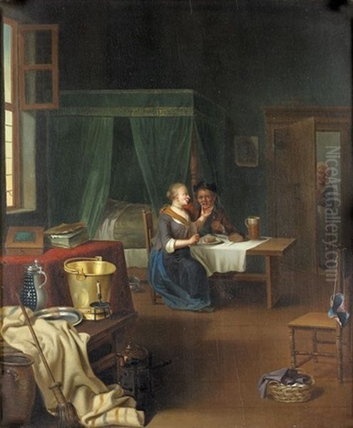 Burgerliche Stubeninterieur Mit Altem Paar Beim Mahl Oil Painting by Justus Juncker