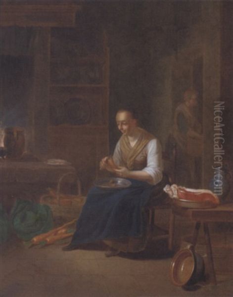 A Lady In A Kitchen Interior Oil Painting by Justus Juncker