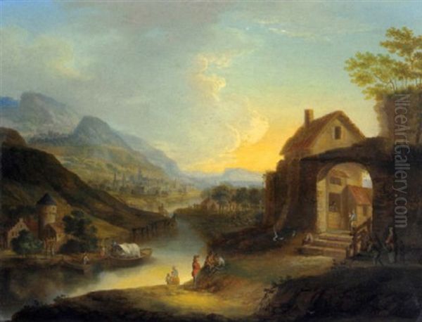 Rheinische Fluslandschaft Oil Painting by Justus Juncker